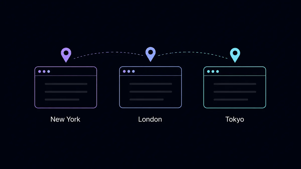 Regional browser views from New York, London, and Tokyo.